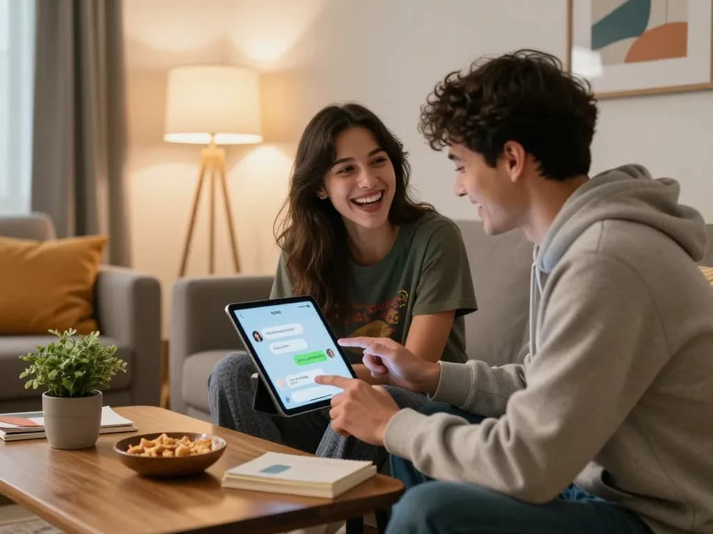 Couple engaging in a porn ai chat on a tablet in a cozy living room.