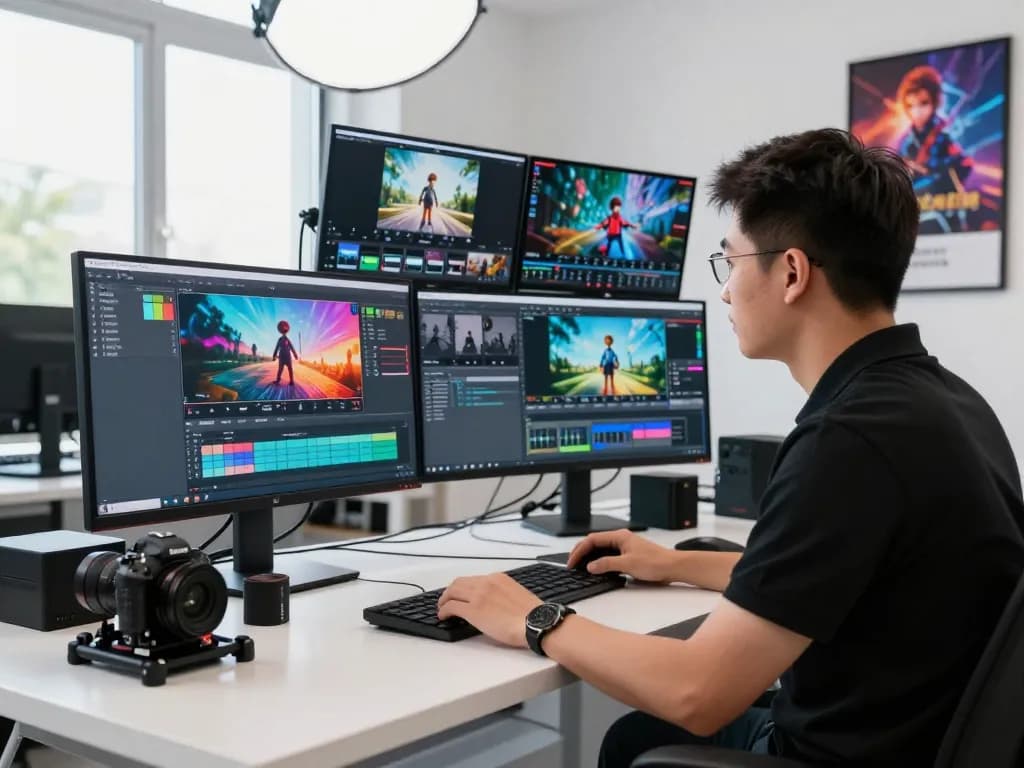 Video creator using kling 2.13 in a sleek production studio, showcasing AI-generated motion.