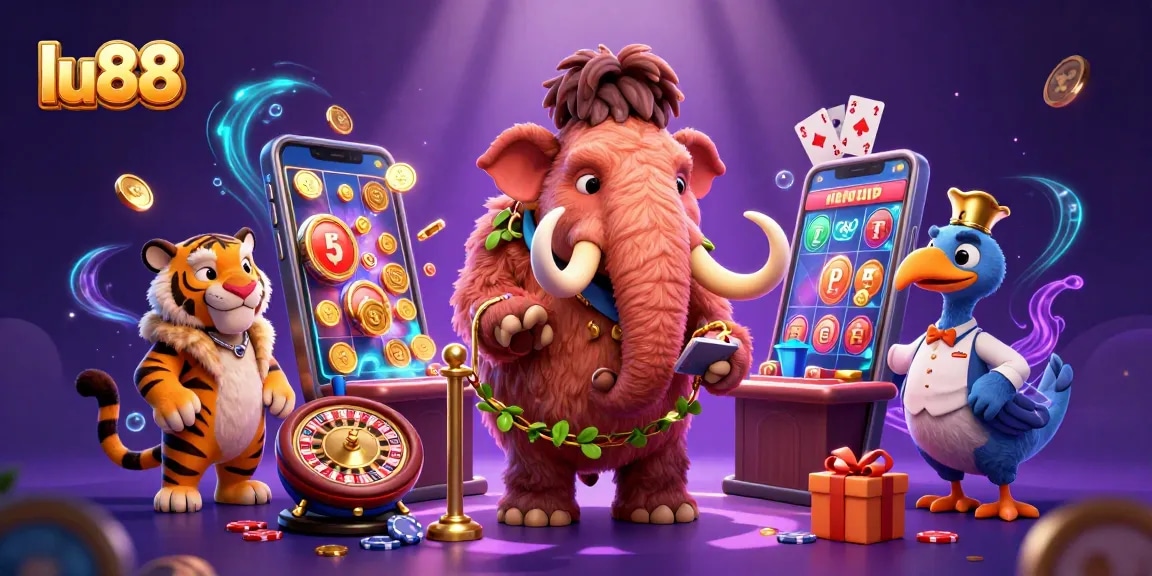 Experience thrilling gaming adventures at lu88 with vibrant slot games and unique characters in a dynamic casino scene.
