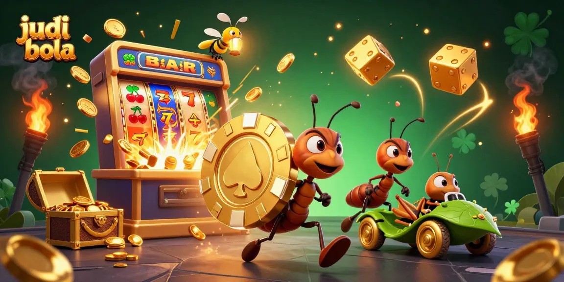 Experience thrilling judi bola action with vibrant, animated heist scene involving ants and glowing casino elements.