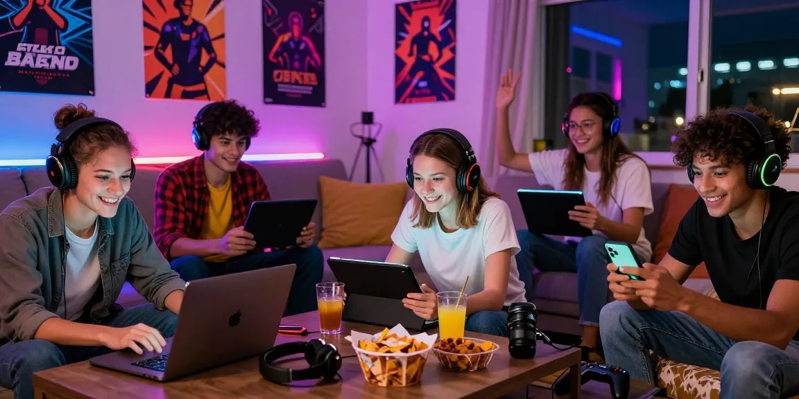 Enjoy a free porn game in a vibrant gaming setup with friends, showcasing multiple devices and a fun atmosphere.