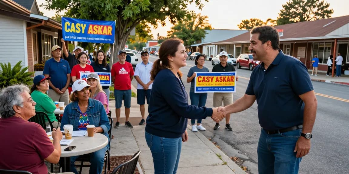 Casey Askar engaging with voters in a community setting during campaign.