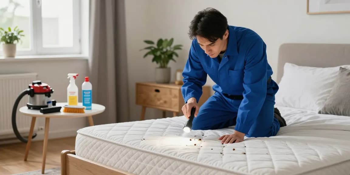 Bed bug removal process with a professional exterminator inspecting a mattress and bed frame for infestation in a well-lit home bedroom.