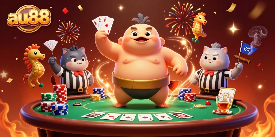 Experience the vibrant action at au88, where a fugu puffed up in an underwater poker scene celebrates with prizes.