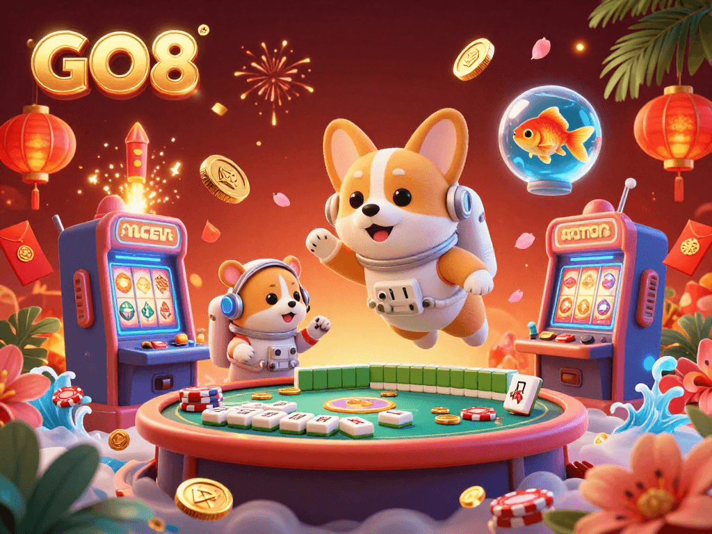 Engage with GO8's thrilling casino experience, where a corgi astronaut floats amidst vibrant poker chips and space-themed decorations.