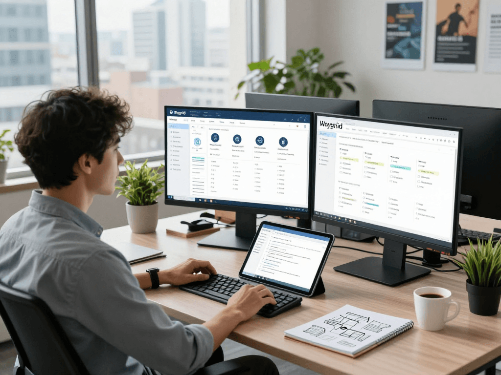 IT professional managing Waygrid API dashboard in a modern workspace with real-time analytics and cybersecurity displays.