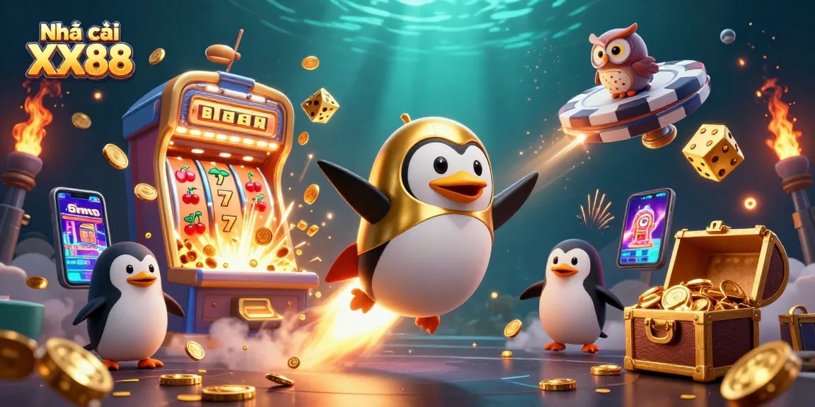 Join the vibrant gaming action at Nhà cái XX88 with a golden penguin zooming towards a jackpot explosion.