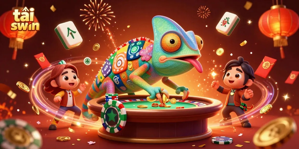Experience the thrill of tải sun win as the chameleon casino owner collects golden coins amidst festive elements.