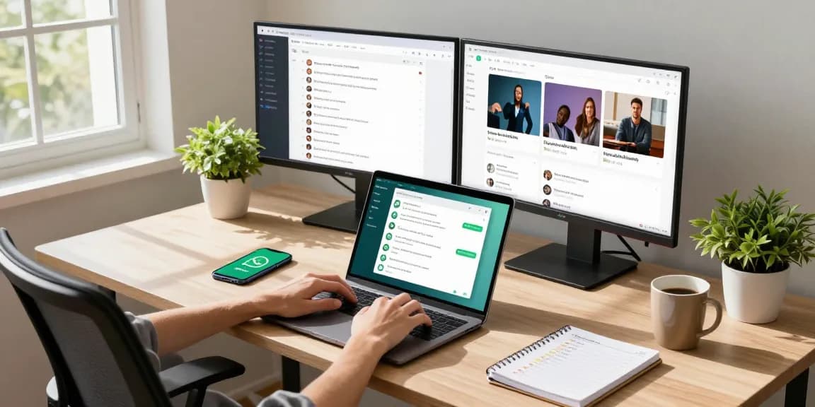Using WhatsApp電腦版 in a modern home office setting with dual monitors and a laptop.