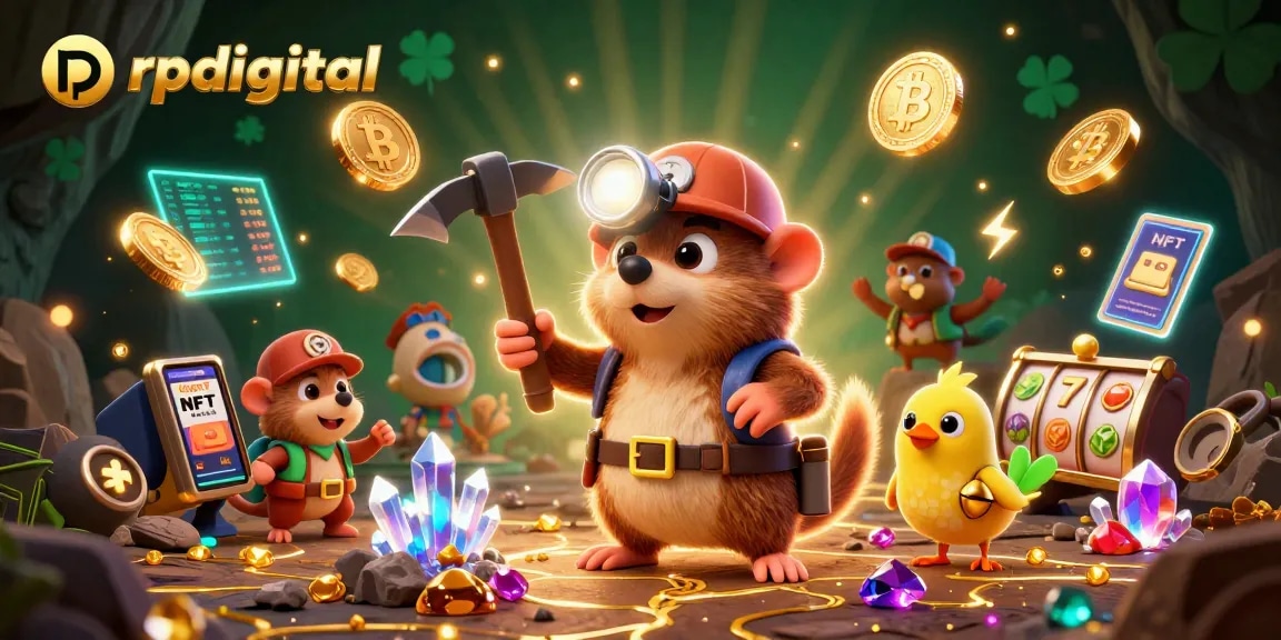 Spin and win with rpdigital showcasing a vibrant casino scene filled with gold, crypto coins, and lucky symbols.
