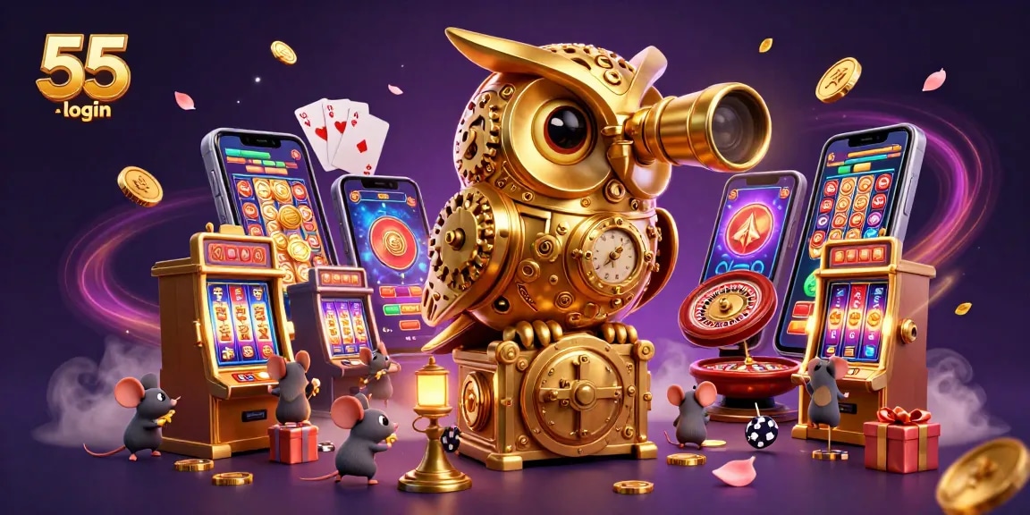 Engage with the enchanted scene of 55 club login, featuring a golden owl and casino elements.