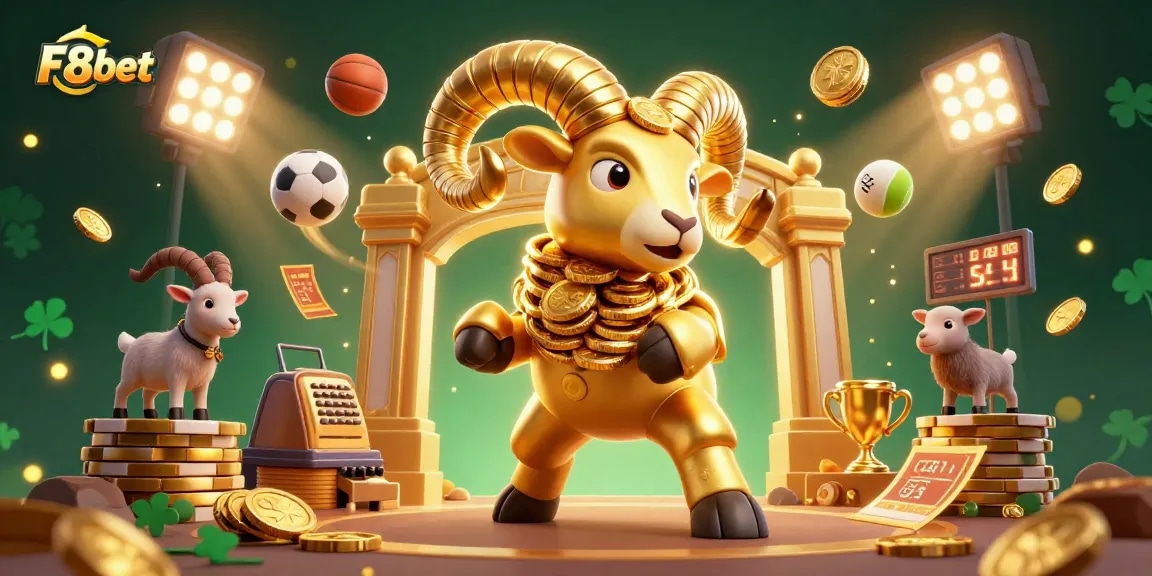 Experience thrilling action with F8bet as a golden ram charges through a dynamic sports betting scene.