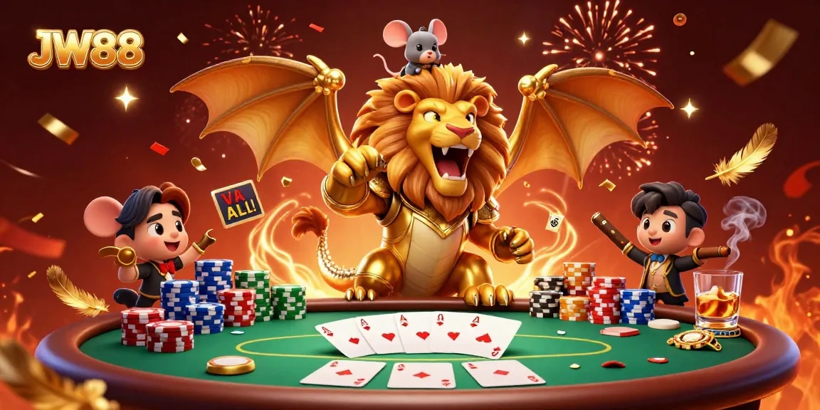 Join the thrilling action at JW88, capturing a chimera and mouse jockey in a vibrant casino scene.