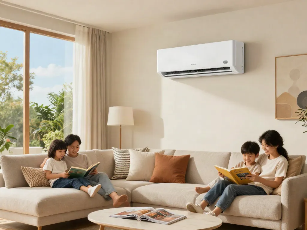 Mini split of air conditioner cooling a cozy living room with family enjoying quality time