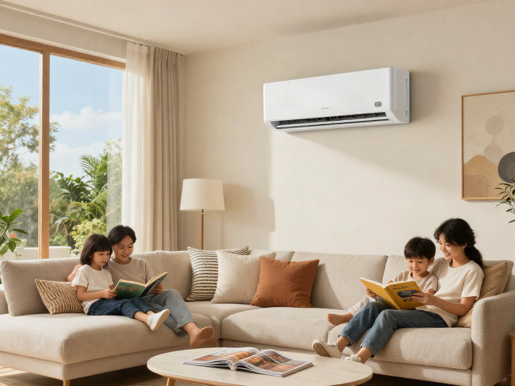 Mini split of air conditioner cooling a cozy living room with family enjoying quality time