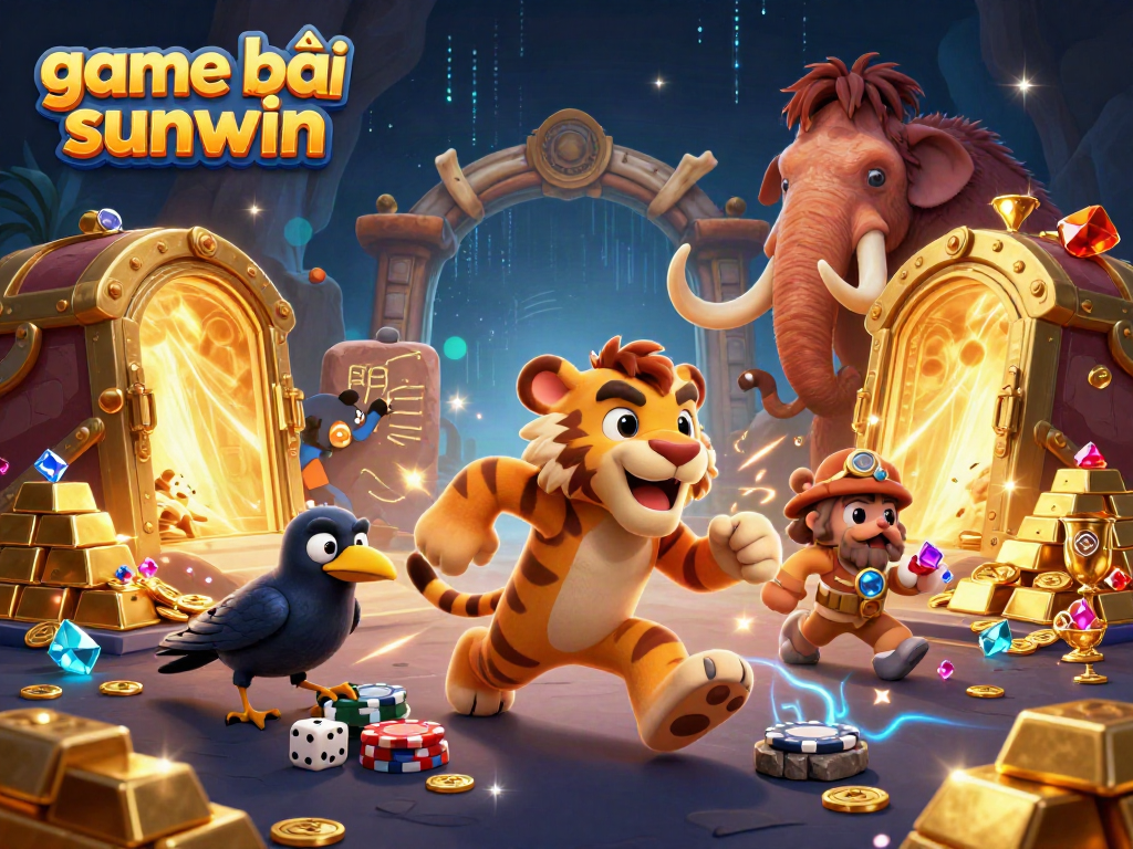Experience the excitement of game bài sunwin with a dynamic prehistoric casino scene featuring characters and treasure.