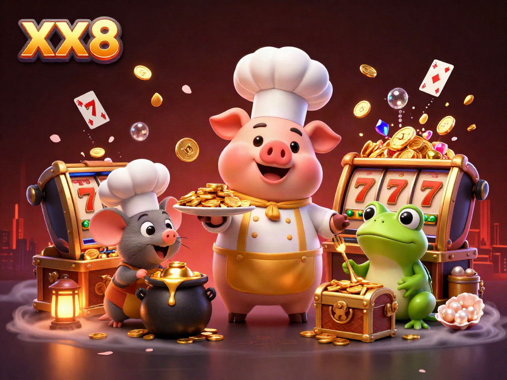 Chef pig serves gold coins in a festive casino scene featuring XX 8 themes.