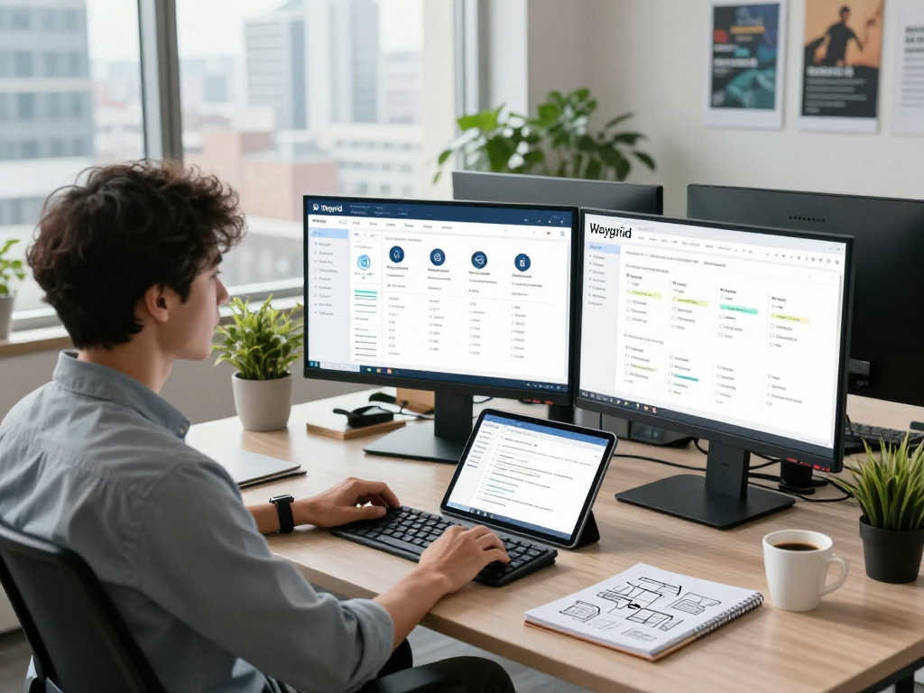 IT professional managing Waygrid API dashboard in a modern workspace with real-time analytics and cybersecurity displays.