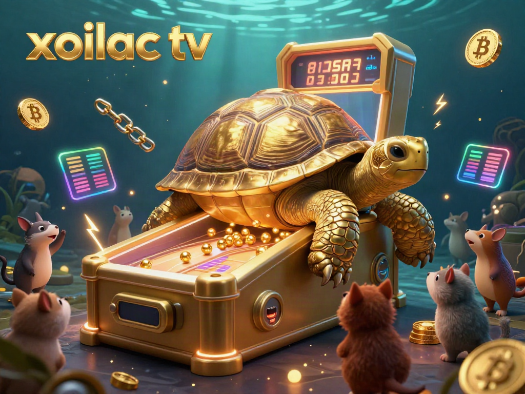 Xoilac tv integrates an engaging scene with a colossal tortoise pinball machine surrounded by crypto elements.