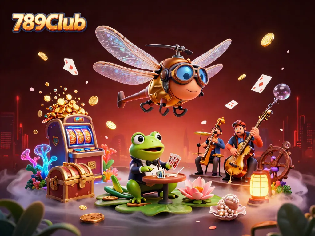Win big at 789Club with a lively game scene featuring a dragonfly pilot and frog croupier.