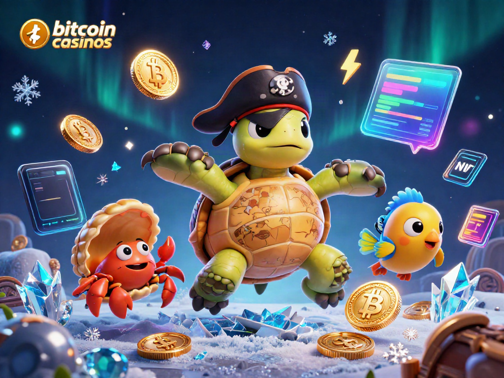 Experience thrilling bitcoin casinos with 3D pirate characters floating amidst crypto treasures.