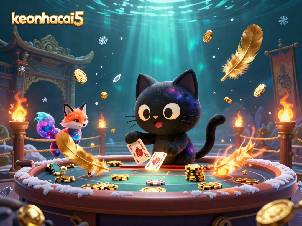 Join the cosmic casino experience with keonhacai5 as the swirling black hole cat attracts golden chips and cards.