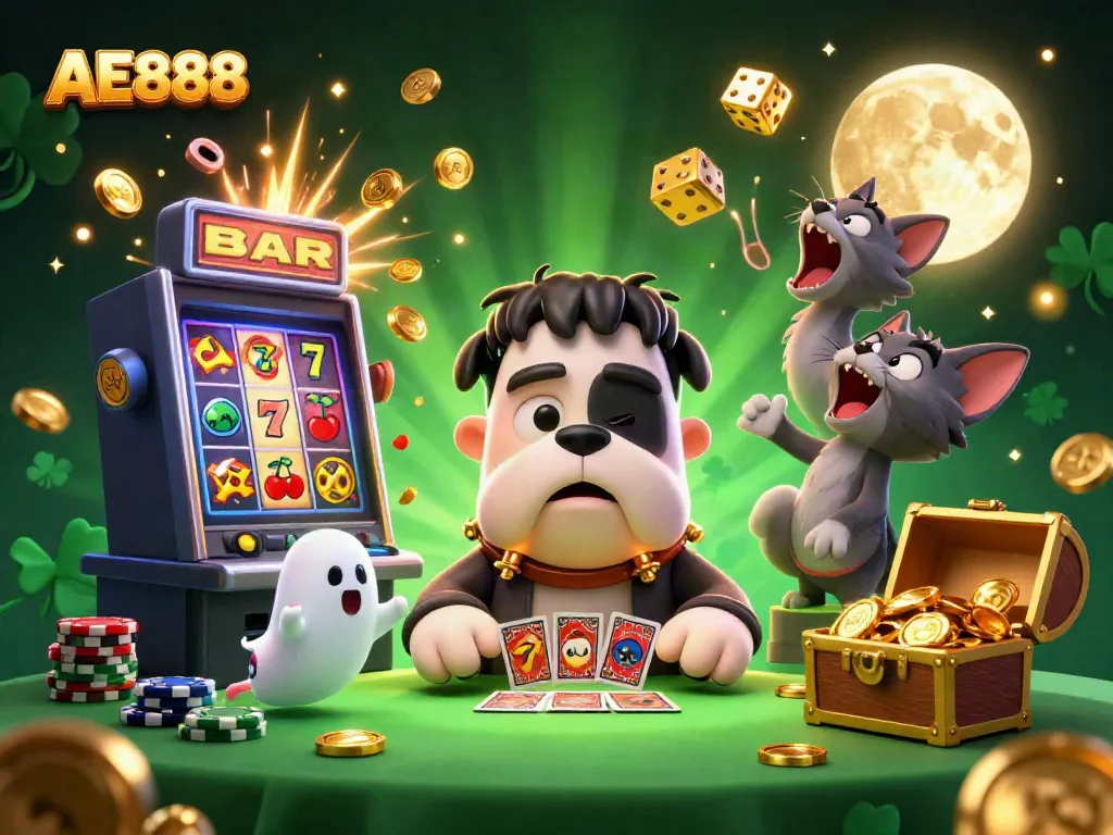Engage in thrilling casino games with AE888 featuring a vibrant scene of cartoon characters and jackpot excitement.