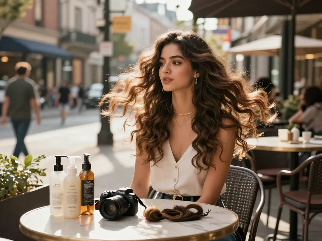 Woman showcasing huaman hair extensions and accessories in a stylish urban cafe setting.