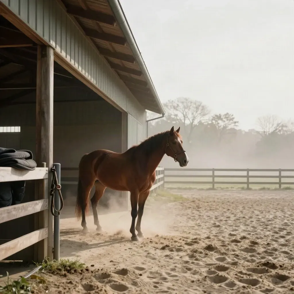 Chestnut horse stepping into morning light in a misty barn courtyard