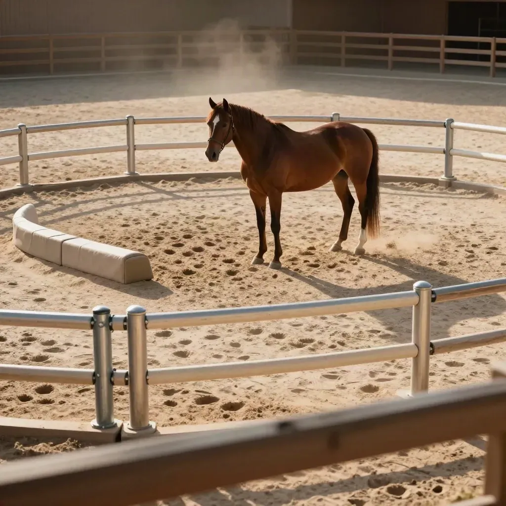Calm chestnut horse in a round-pen therapy setup with poles and a mounting block