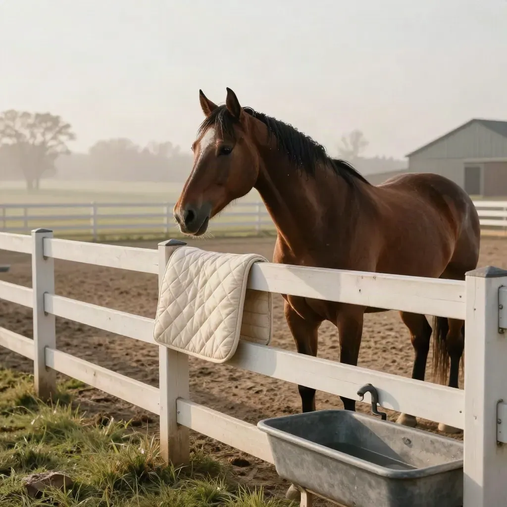 Mare in a ready adoption paddock beside a cream saddle pad and fresh fencing.