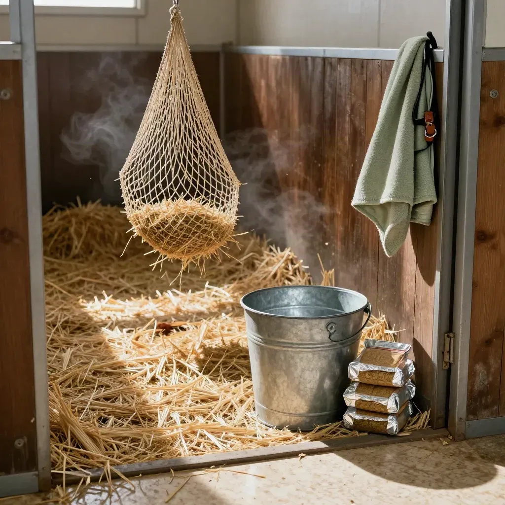 Rescue stall with hay net, water bucket, feed supplements, and hanging turnout gear in warm straw light