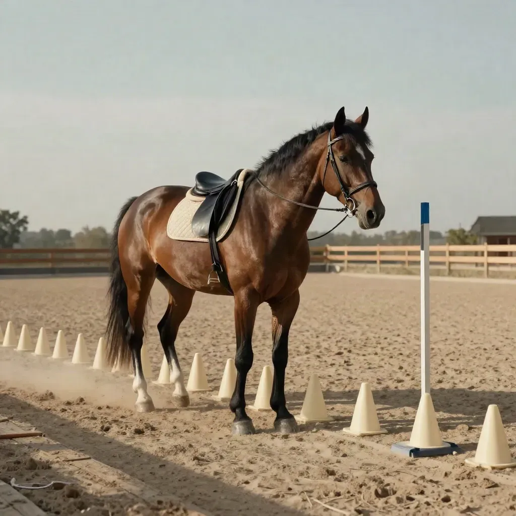 Bay horse in a lit riding arena with cones and raised poles for balance work.