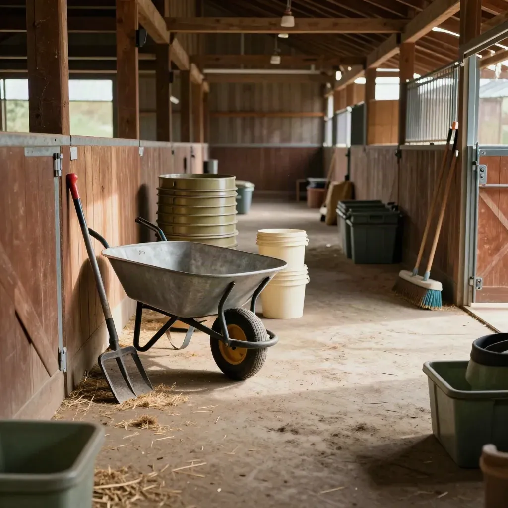 Barn aisle with wheelbarrow, muck fork, buckets, tubs, and task bins staged for volunteer day.