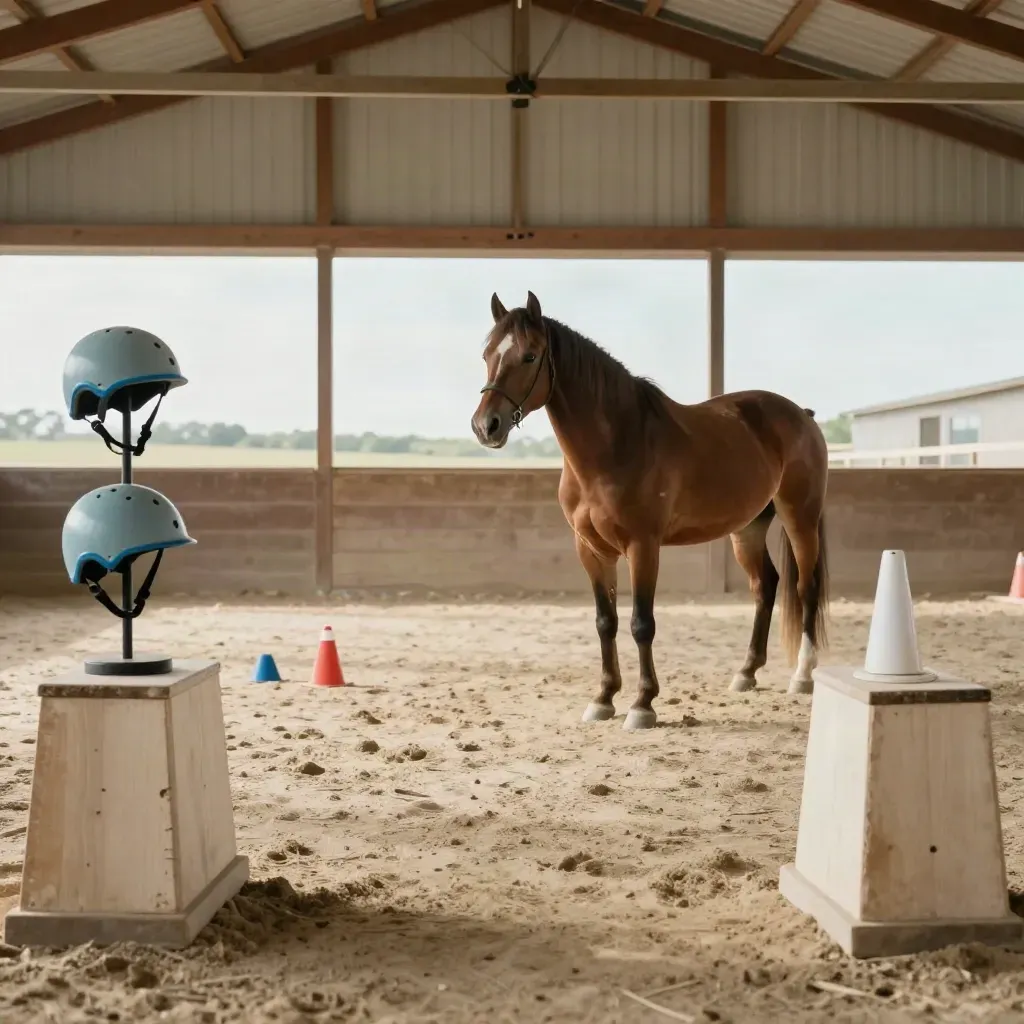 Low-angle therapy ring with pony, mounting blocks, helmets and cones in warm dust light.