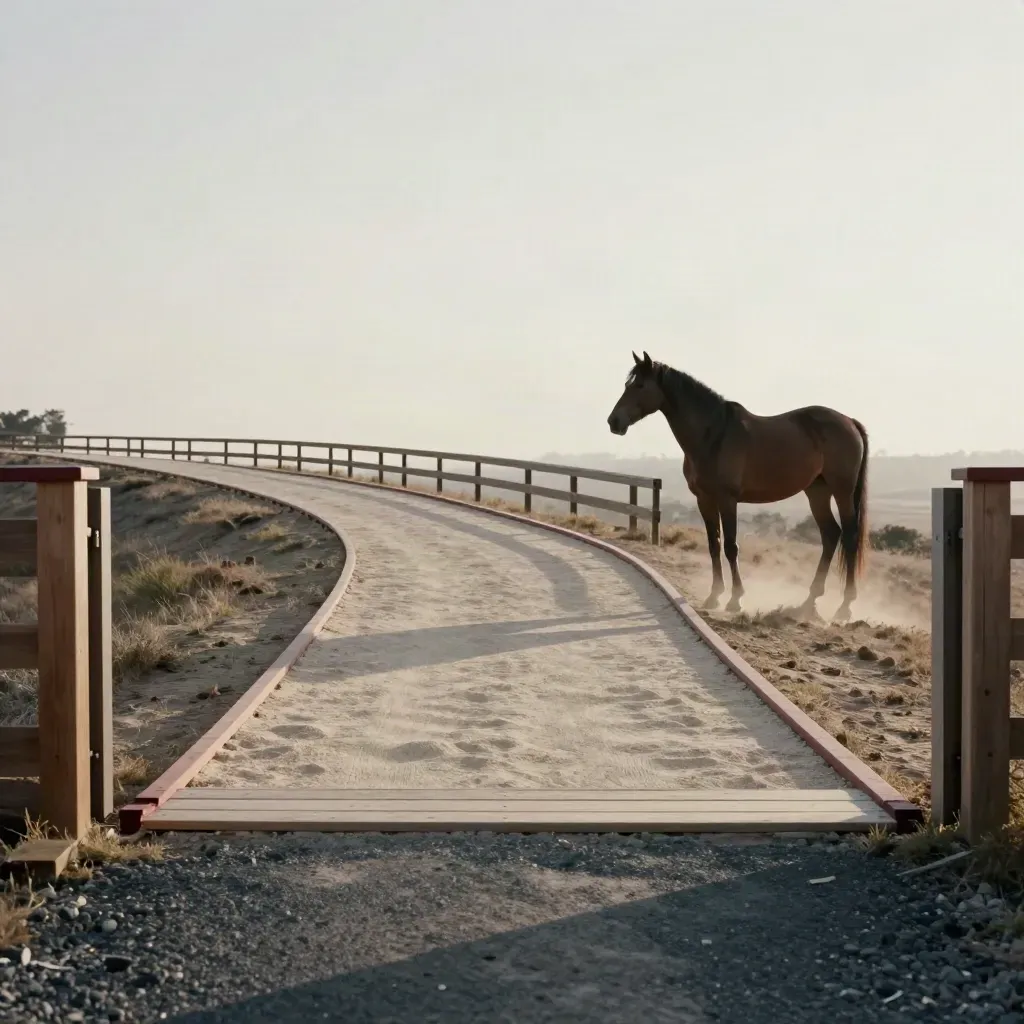 Therapeutic trail loop with a bay horse, mounting block, and ramp in morning haze.