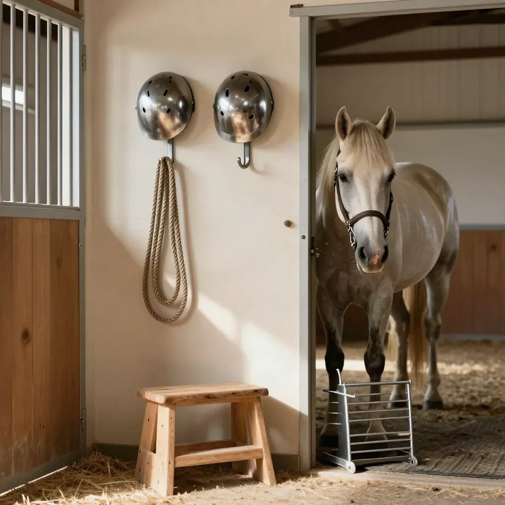 Calm barn corner with helmet hooks, step stool, lead ropes, and a pony by the grooming bay.