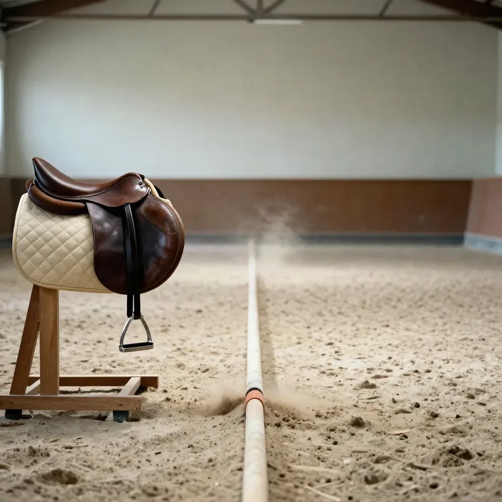 Empty arena lane with centered ground poles and a brown saddle on a rack in drifting dust.