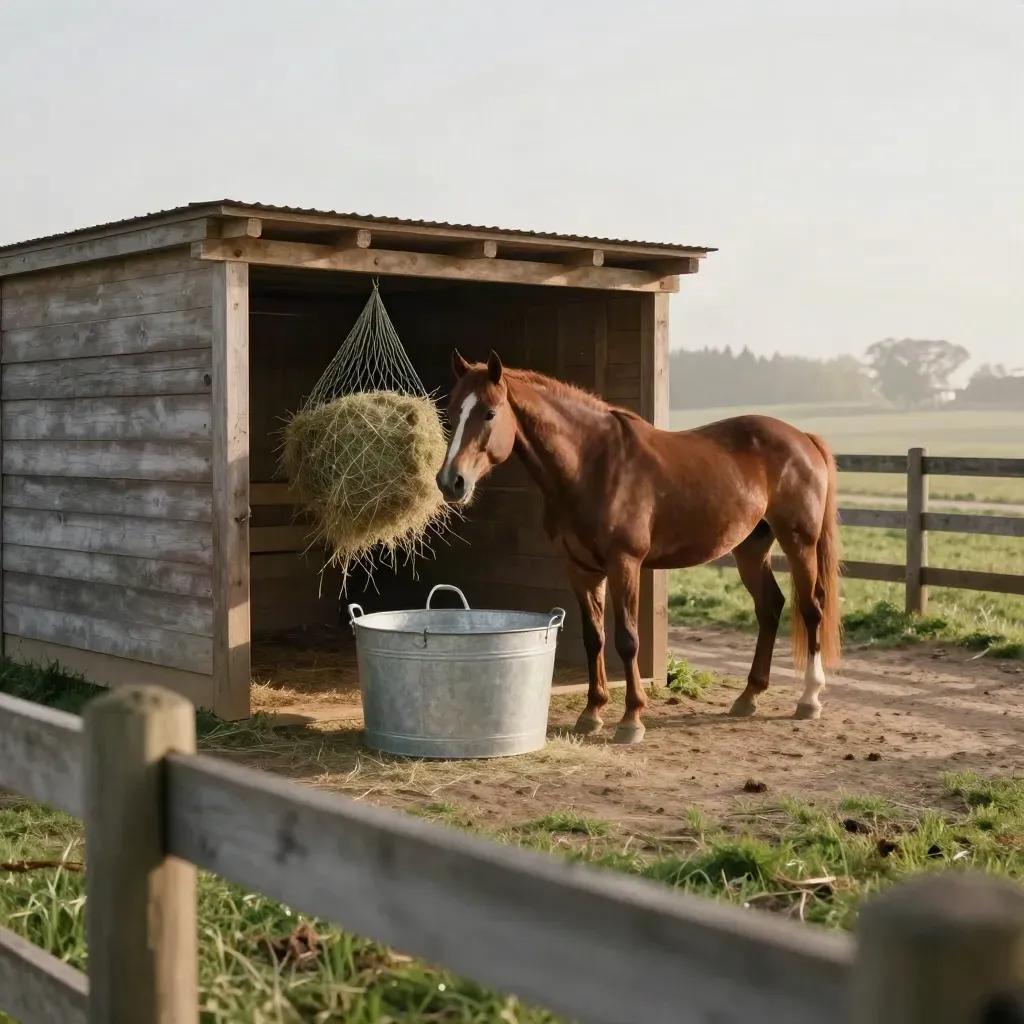 Chestnut mare in a turnout paddock beside a shelter, hay net, and water tub at dawn.