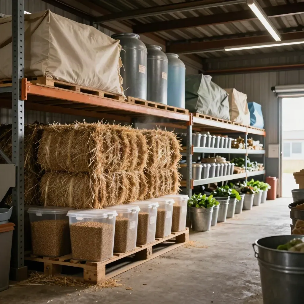 Stocked feed room with hay bales, grain tubs, supplement bins, and fresh deliveries in moody light.
