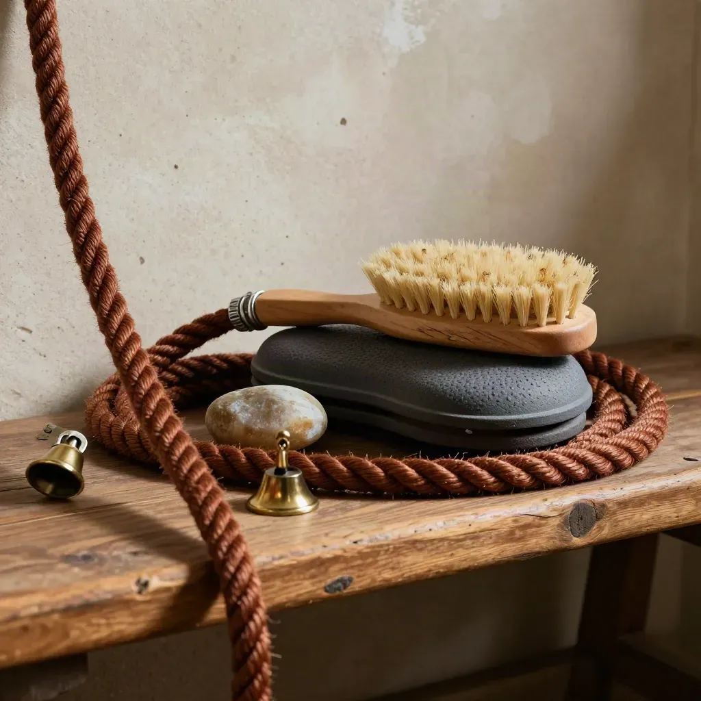 Dramatic equine therapy tools on a worn wood bench in warm low light.