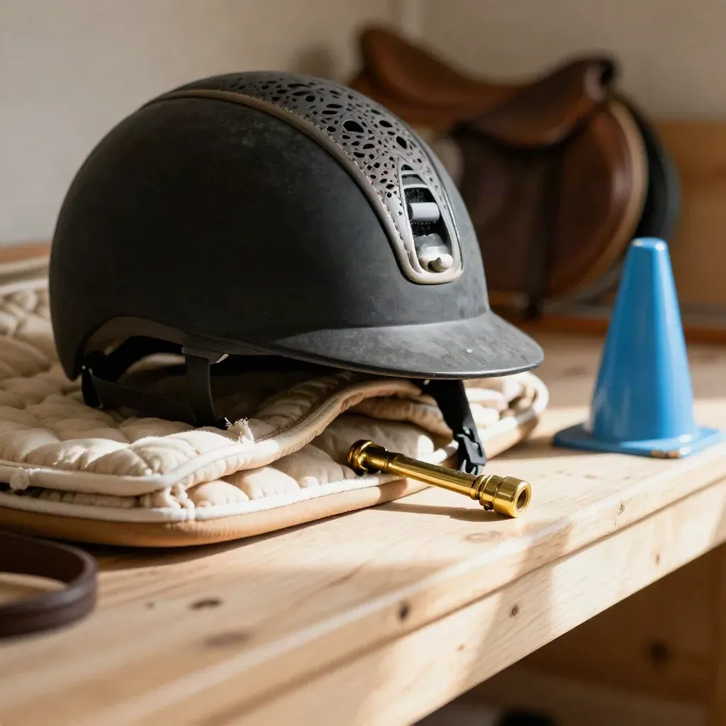 Macro still life of riding tack: helmet, saddle pad corner, brass stirrup iron, and blue cone edge