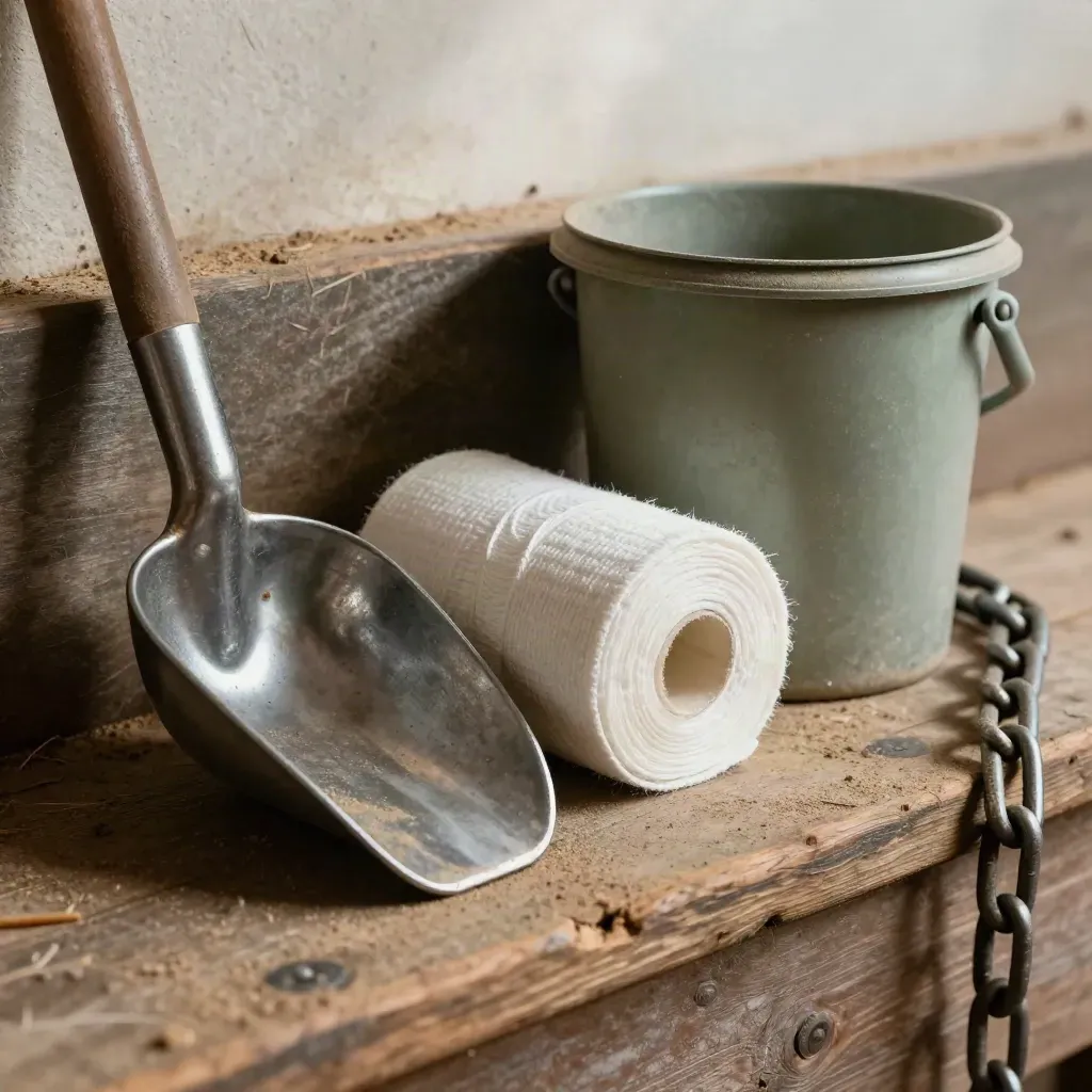 Close-up of rescue horse care tools on rough timber: hoof pick, bandage, scoop, bucket, chain.