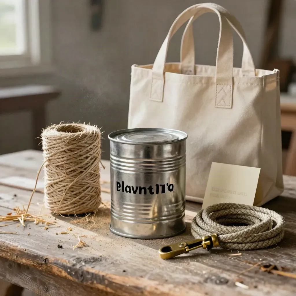 Galvanized donation tin, hay twine, canvas tote, and lead rope on barn wood.