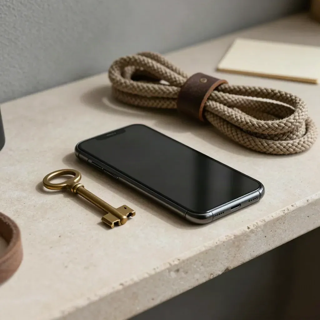 Overhead still life of a phone, brass key, and coiled lead rope on a cream stone shelf.