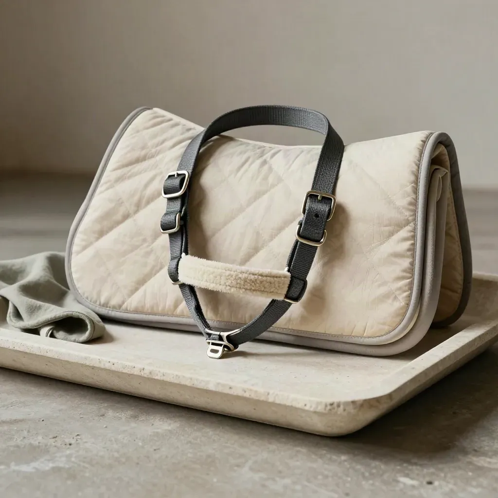 Breakaway halter, fleece noseband, clip, and saddle pad on stone tray with soft sage cloth.