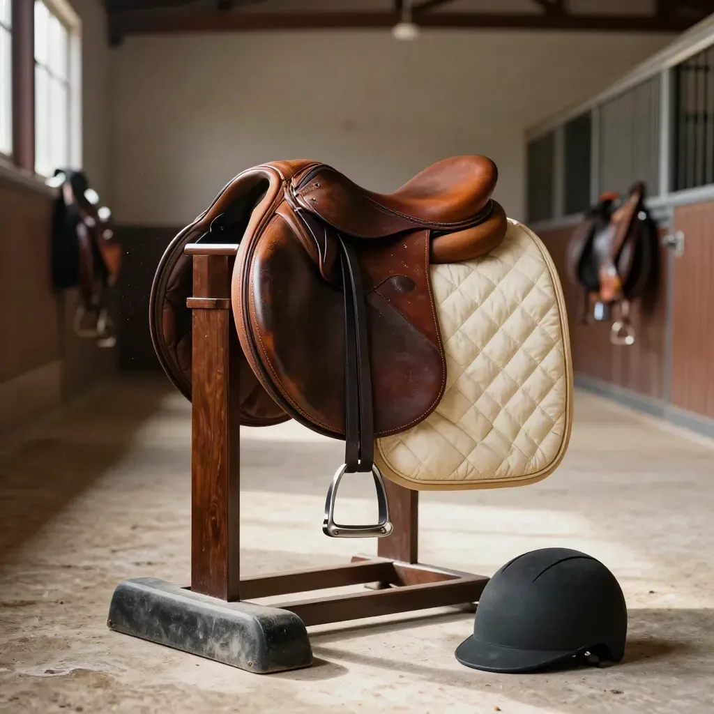 Helmet, saddle pad and saddle by a mounting block in a bright stable vignette.