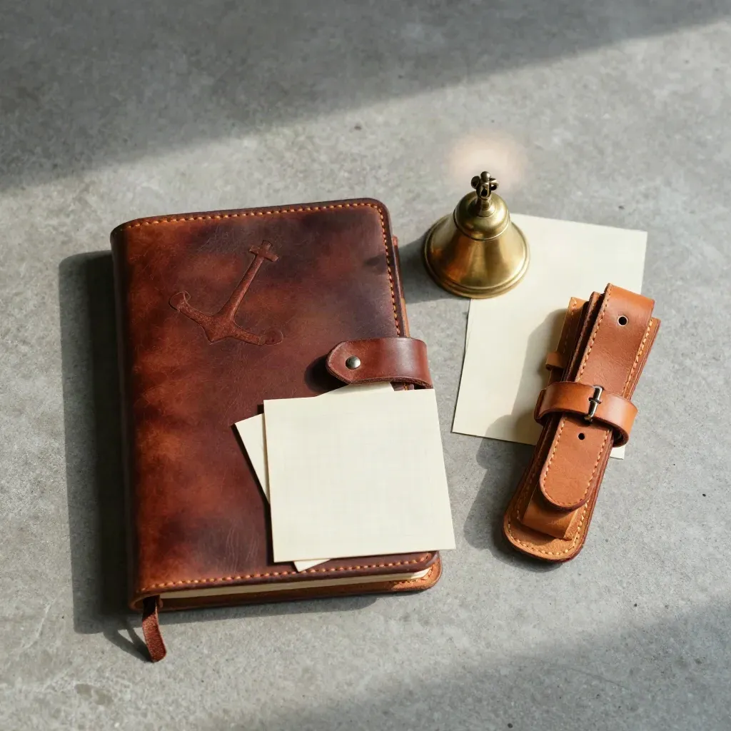 Overhead flatlay of leather journal, index cards, brass bell and straps on concrete