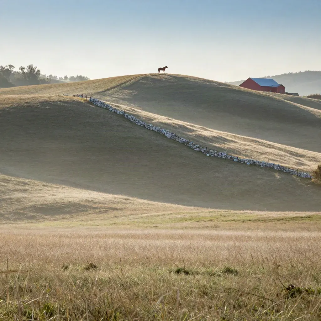 Golden Kentucky hills with white fence, distant barn, and a horse on the ridge.