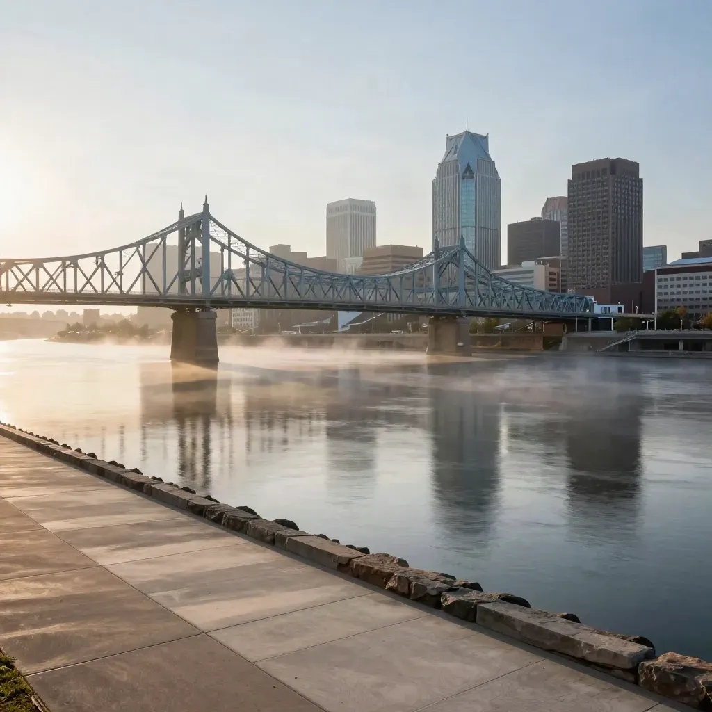 Louisville skyline and bridge over a misty Ohio River at dawn